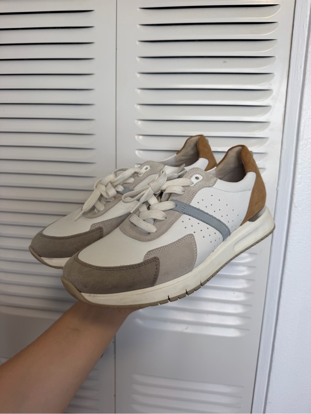 Gabor Women's White Sneakers with Taupe and Tan Suede Accents
